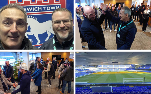 James and James standing next to ITFC badge and picture of football pitch and the trainers with learners