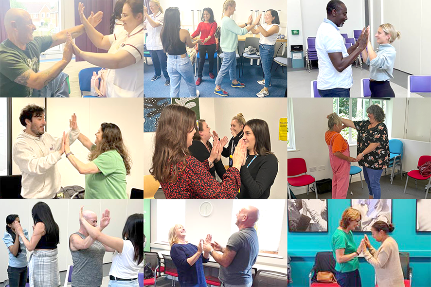 a montage of lots of images of learners practicing the mirror drill exercise, facing each other with palms of hands together