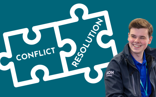 A graphic showing two piece of a jigsaw puzzle, one says conflict, the other says resolution, and a photo of trainer Alfie in front of it.