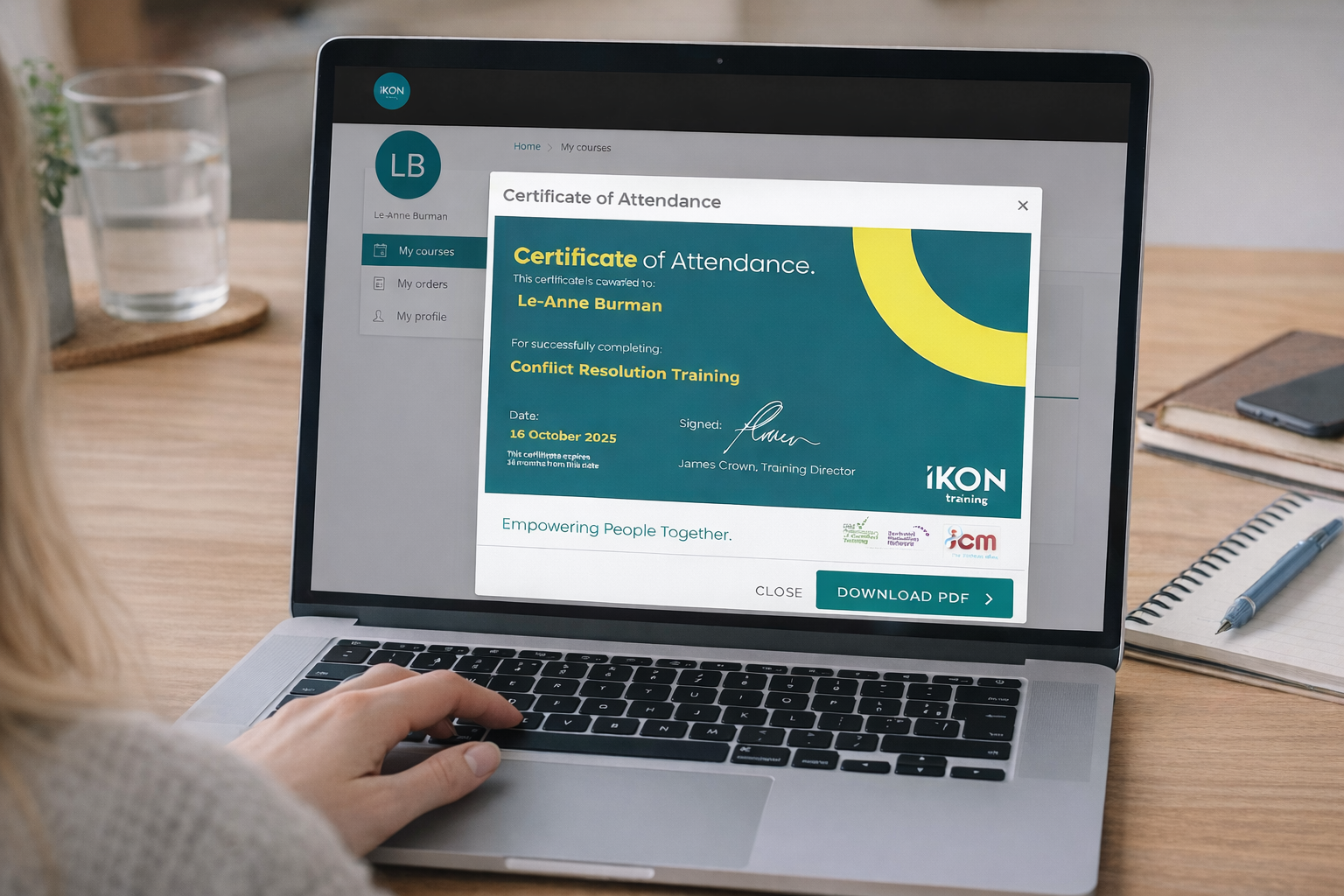 Learner looking at the online IKON Certification of Attendance.