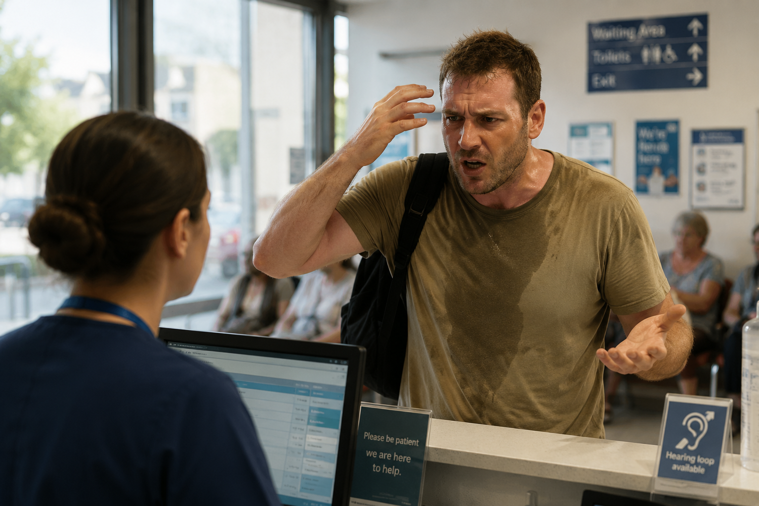 Angry customer losing his temper at a receptionist.