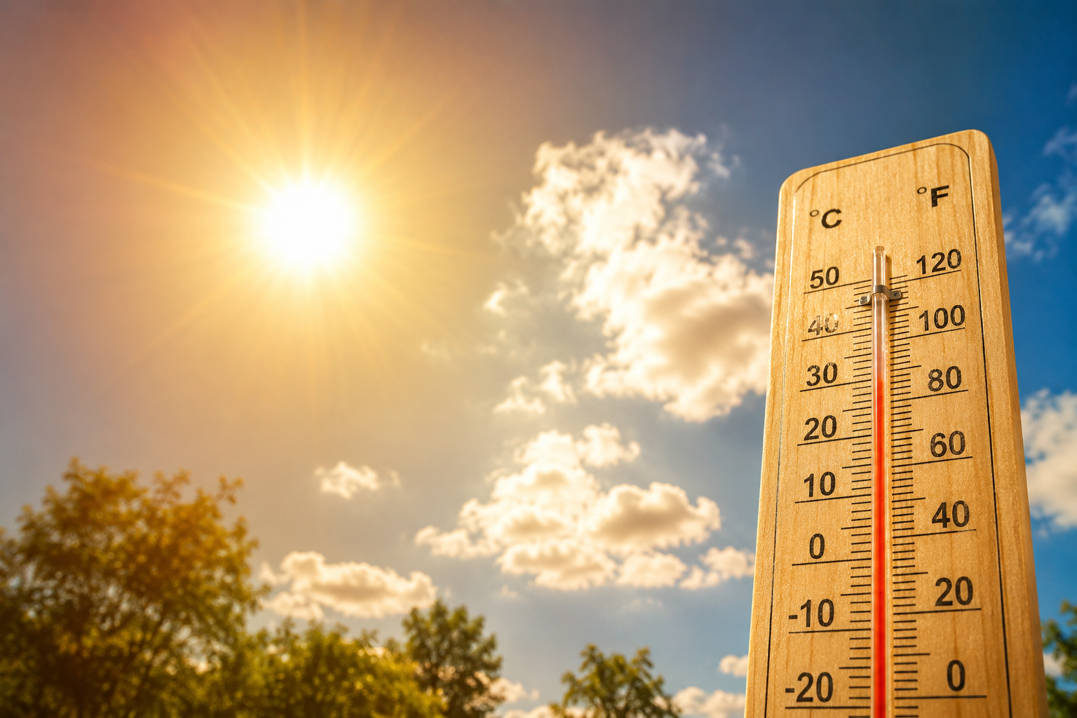 Hot weather thermometre measuring 40 degrees celsius.
