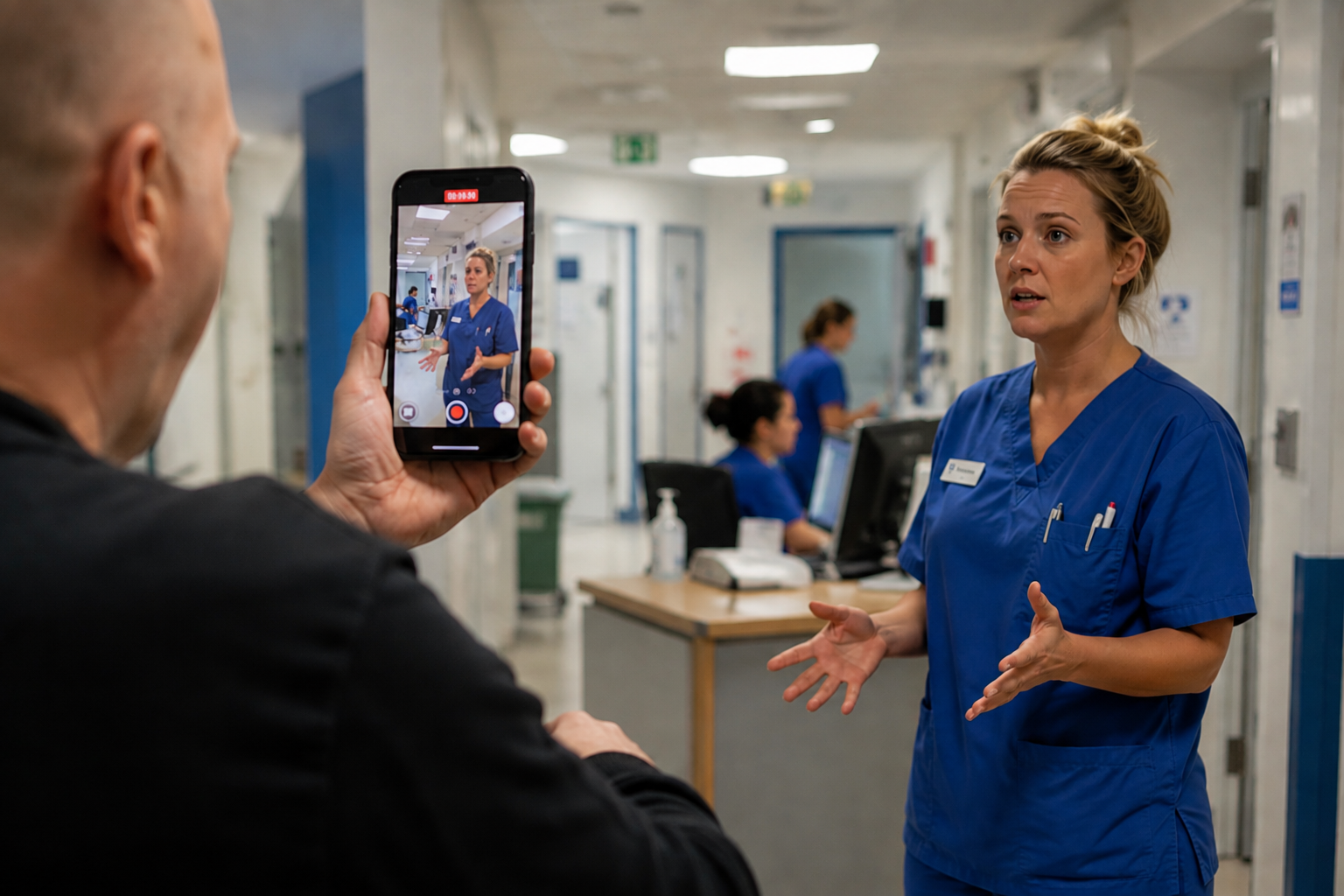 A man shouting at a woman in a healthcare setting recording on his phone.