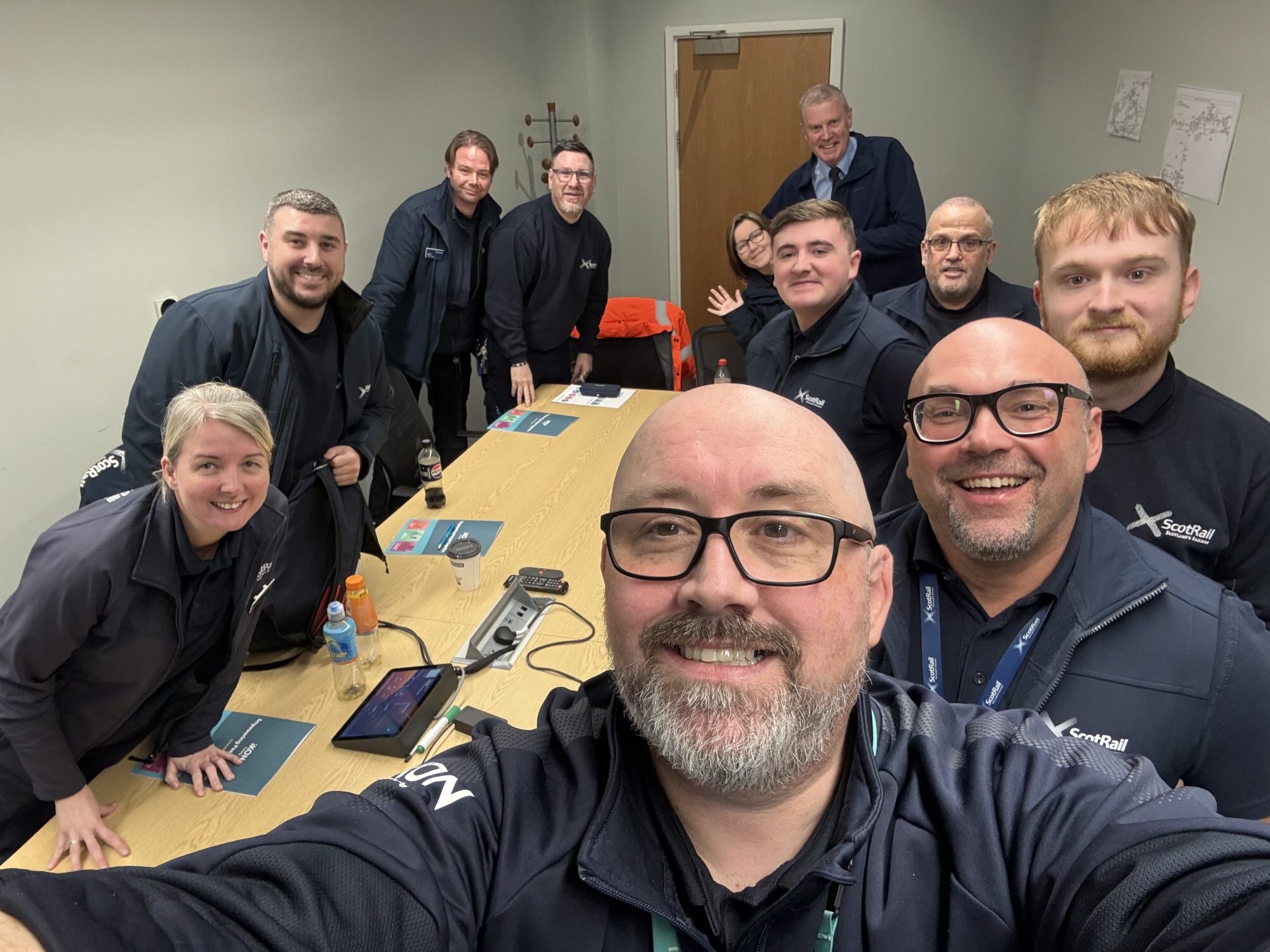 Kevin Cook taking a selfie with Scotrail transport workers