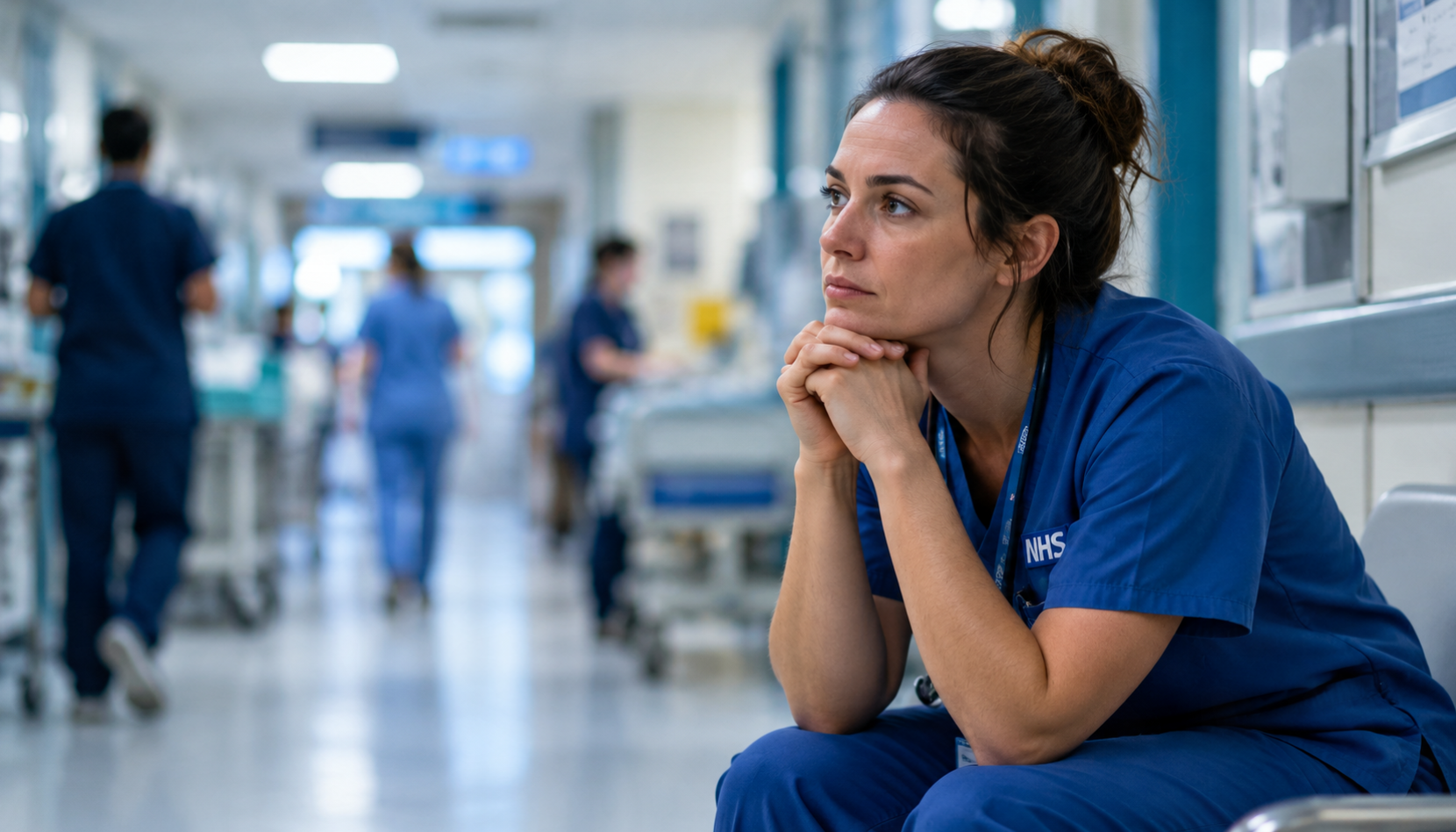 NHS Nurse sat down in a hospital corridor looking upset.