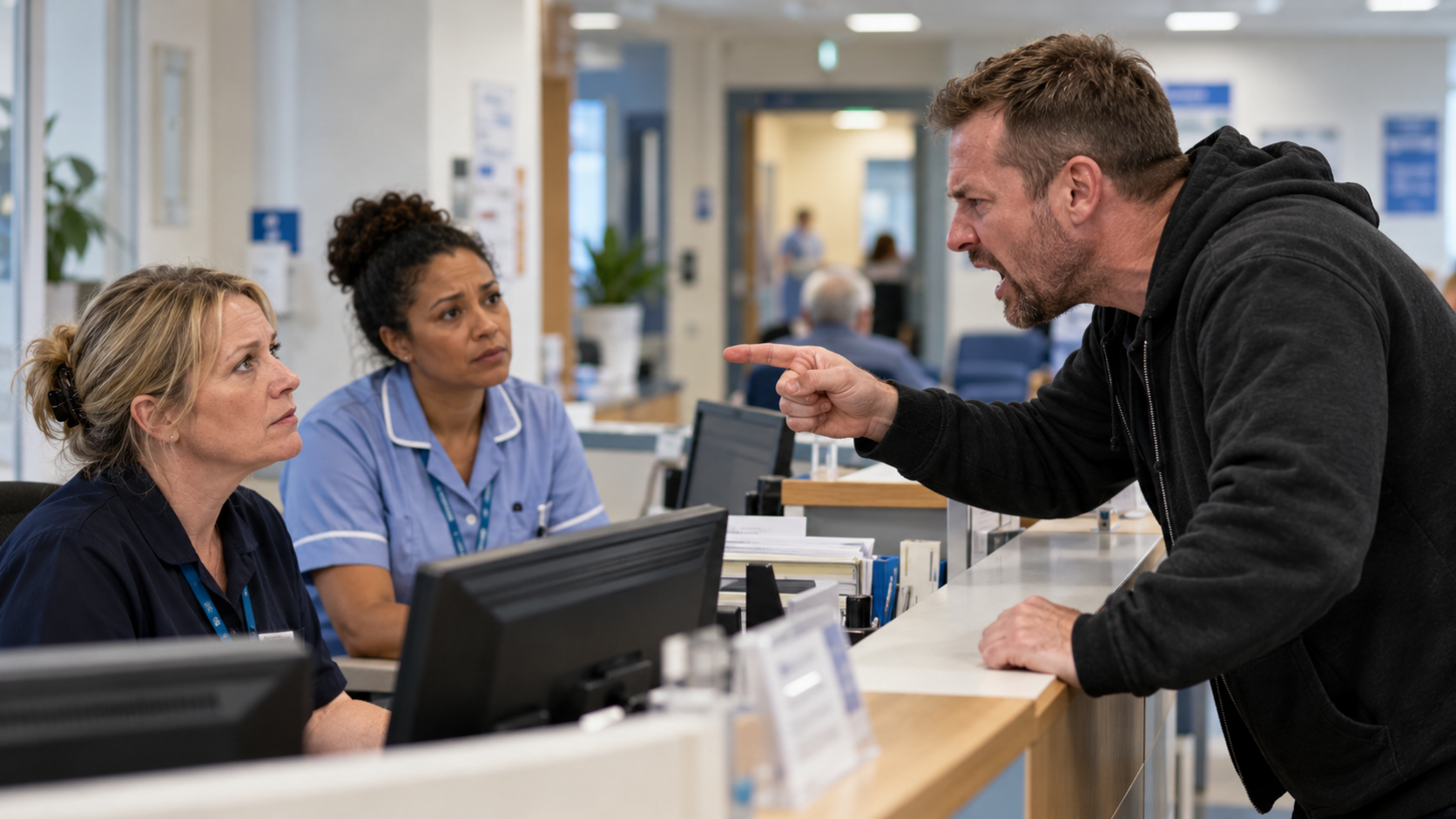 NHS receptionist being confronted by an angry patient's relative.